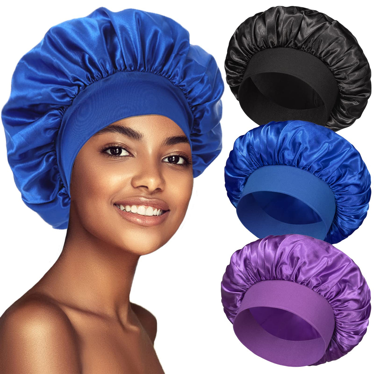 3 Pack Satin Bonnet Silk Bonnet for Sleeping Sleep Bonnets for Women Hair Bonnet for Sleeping Large Sleep Cap Wide Soft Band Bonnet for Curly Hair